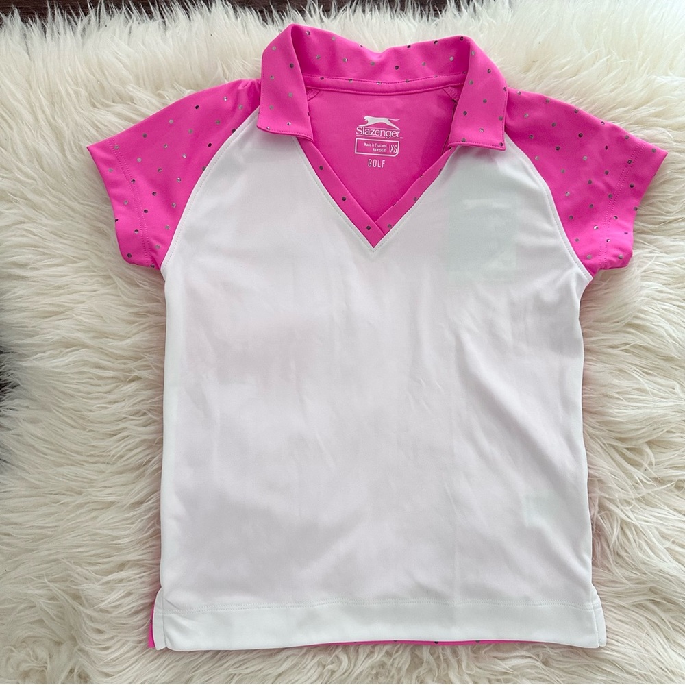 Girls size youth XS Slazenger short sleeve collared pink & white golf polo